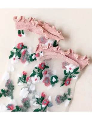 Chaussettes-les-petits-caprices-crystal-bouquet-de-fleurs-rose-souple-détail