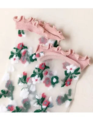 Chaussettes-les-petits-caprices-crystal-bouquet-de-fleurs-rose-souple-détail
