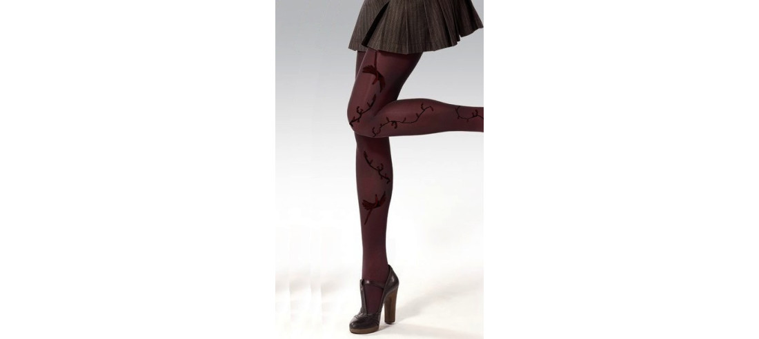 Collant-berthe-aux grands-pieds--opaque-chiné-rouge-oiseaux de feux-fleuri-prune