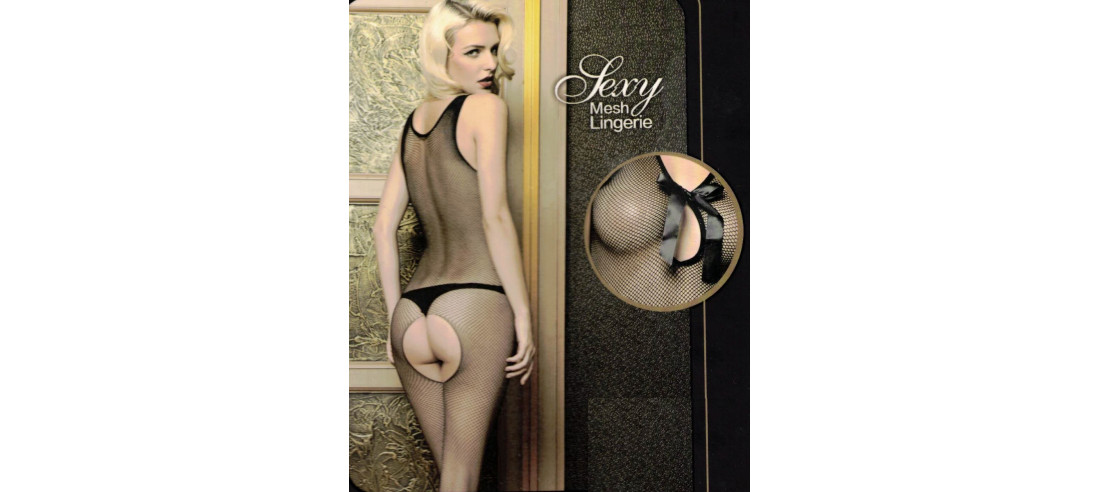 Collant combinaison intégral en maille fine resille ruban noir
