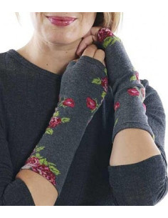 Mitaines Fil de jour Grise à bouquet fleuris de roses 2