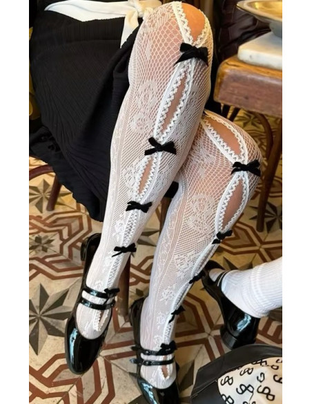 Collant-resille-dentelle-à rubans-blancr-noeud-noir-détail
