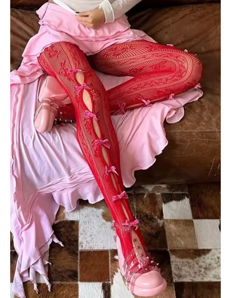 Collant-resille-dentelle-à rubans-rouge-noeud-rose-assis-entier