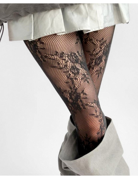 Collants-Les-petits-caprices-Dentelle-Roses-guirlandes-chics-noir
