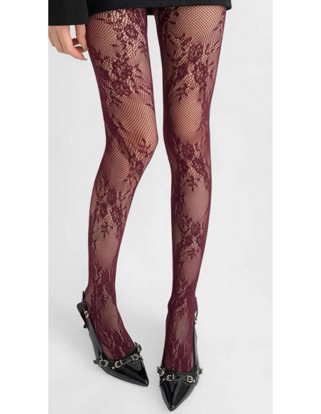 Collants-Les-petits-caprices-Dentelle-Roses-guirlandes-chics-bordeaux-face