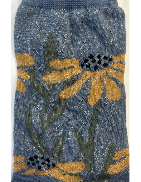 chaussettes-viscose-lurex-doux-bleu-fleurs-bouquet-marguerites-détail