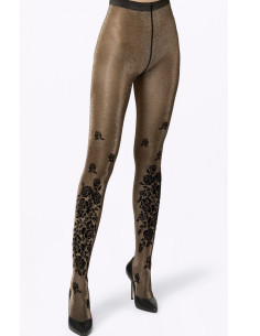 Collant-Pierre-Mantoux-Lurex-doré-Bouquet-fleuris-noirs