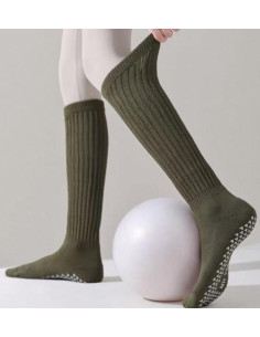 Mi bas-coton-cotes--anti-dérapant-yoga-kaki