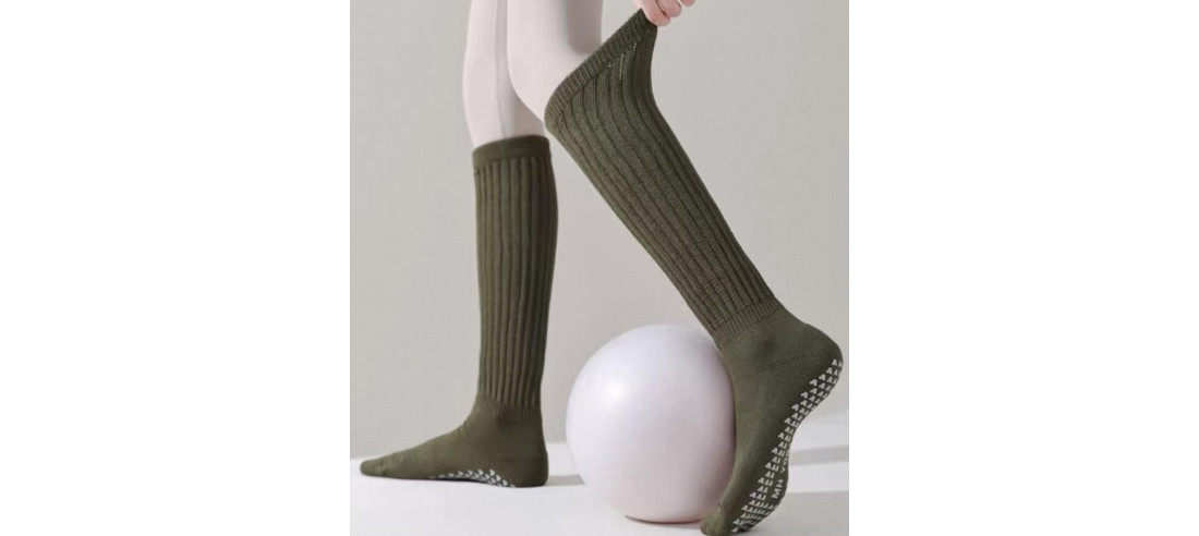 Mi bas-coton-cotes--anti-dérapant-yoga-kaki