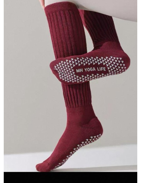 Chaussettes-coton-cotes--anti-dérapant-yoga-bordeaux