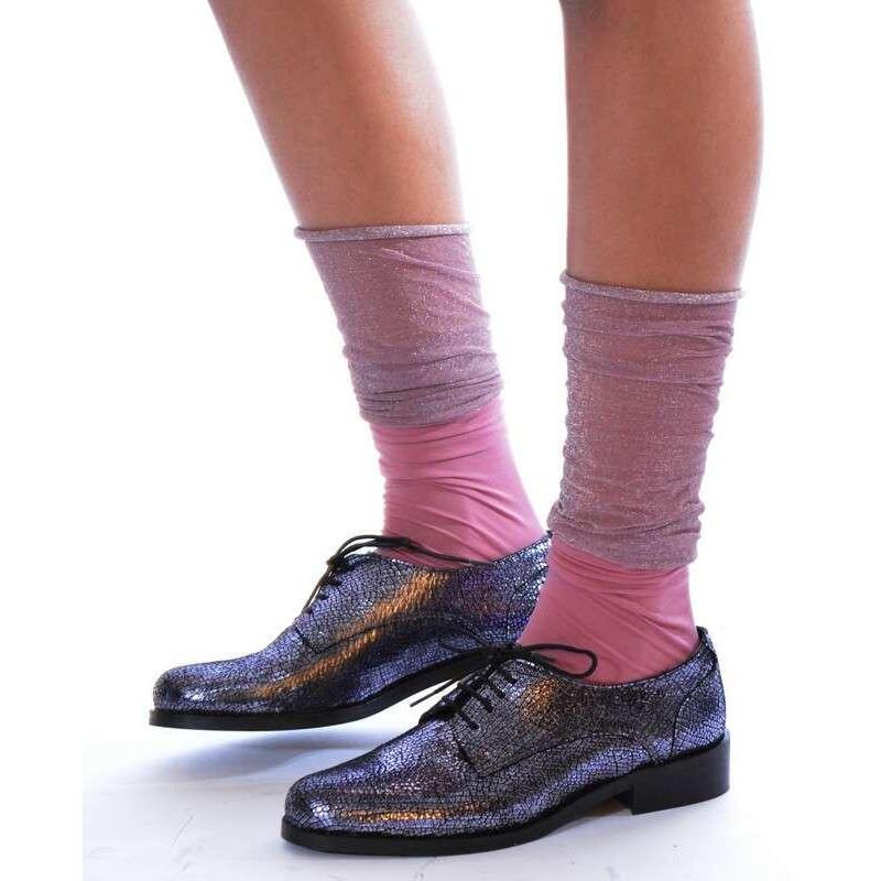 Chaussettes rebords plissé lurex rose