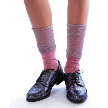 Chaussettes rebords plissé lurex rose