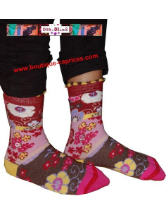 chaussettes fil  de joie bouquet fleuri rose et taupe