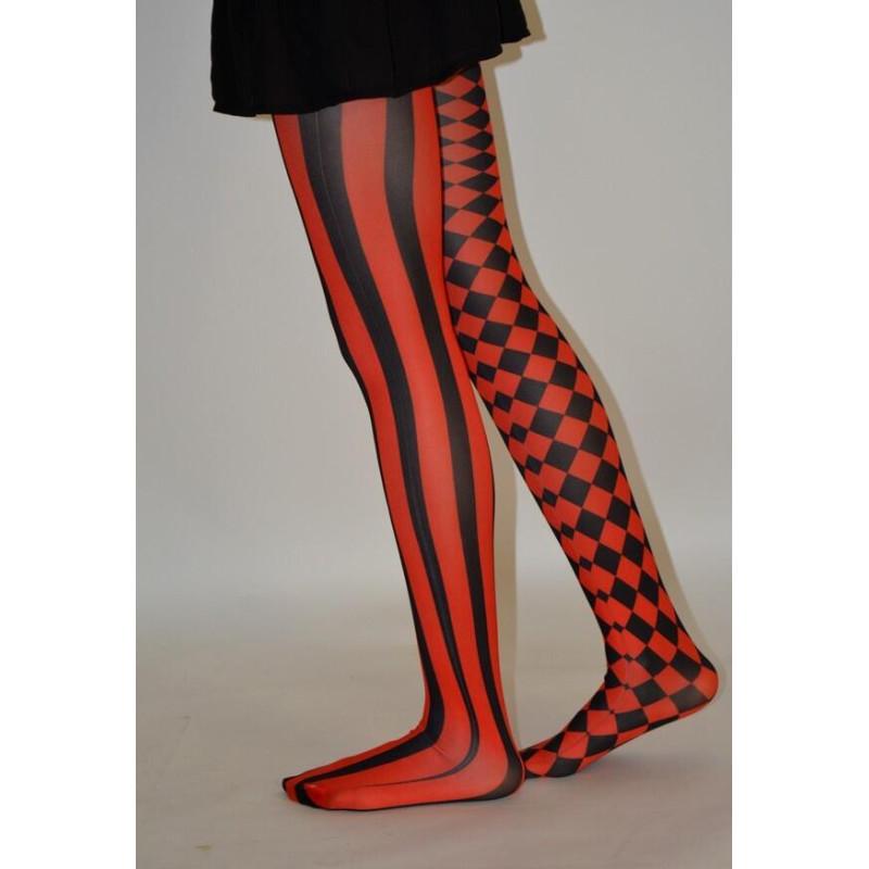 Collant asymétrique rayures et losanges noir rouge