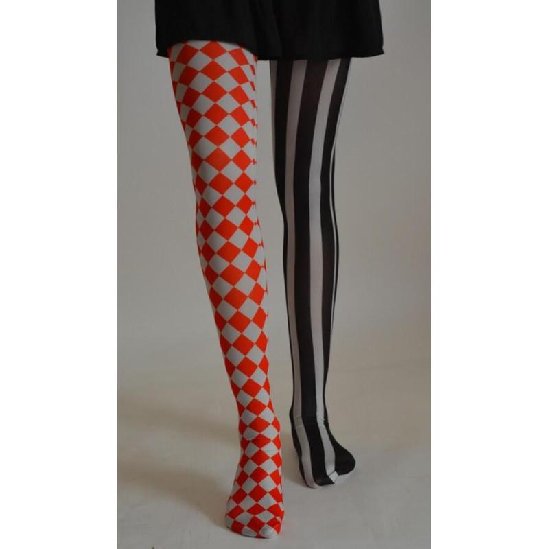 Collant asymétrique rayures et losanges rouget blanc