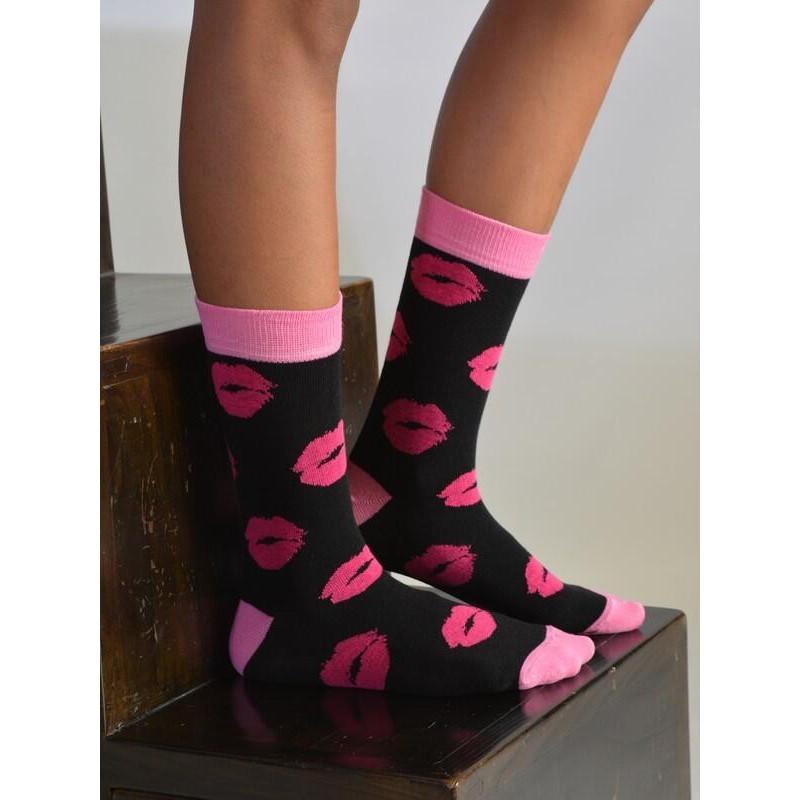chaussettes Noire  Bisoux roses