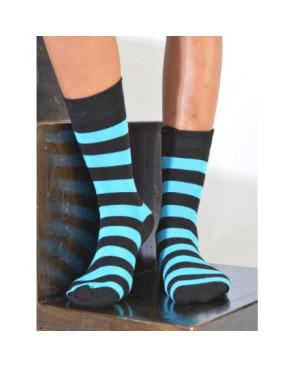 Chaussettes rayures noires et turquoise coton