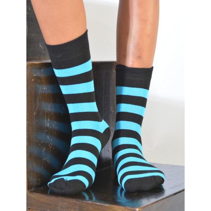 Chaussettes rayures noires et turquoise coton