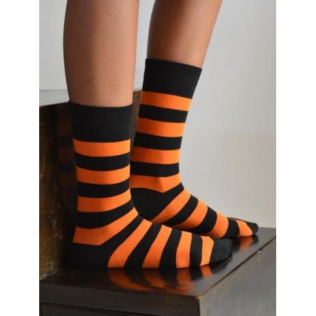 Chaussettes rayures orange noires coton