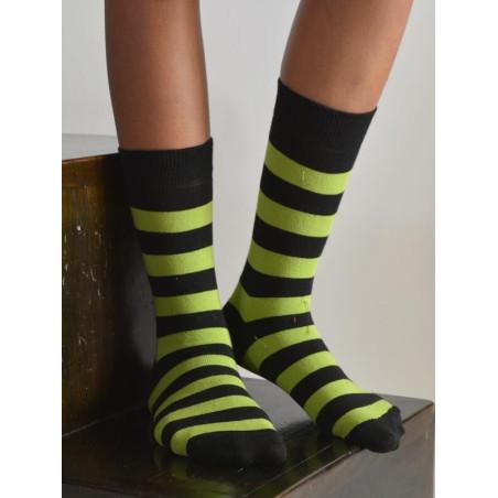 Chaussettes rayures flo vertes noires coton
