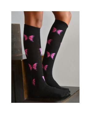 Mi bas noir vol de Papillons roses