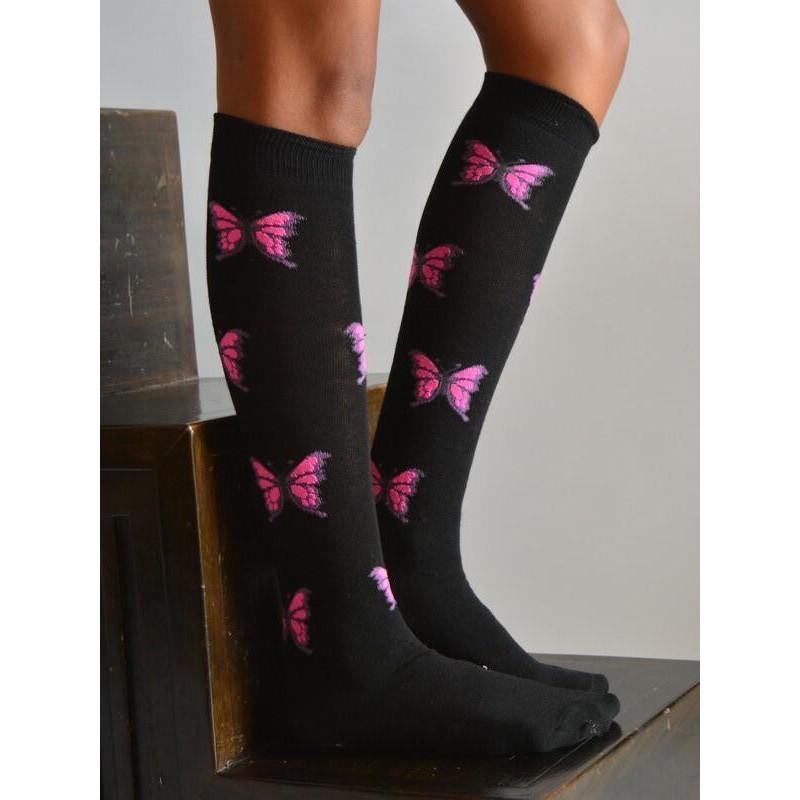 Mi bas noir Papillons roses coton Macahel