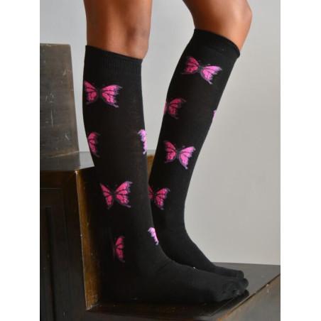 Mi bas noir vol de Papillons roses