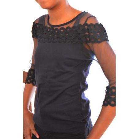 Chemise nuit col rond tulle brodé