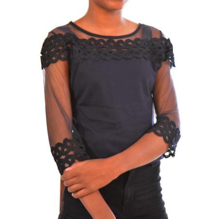 Chemise nuit col rond tulle brodé