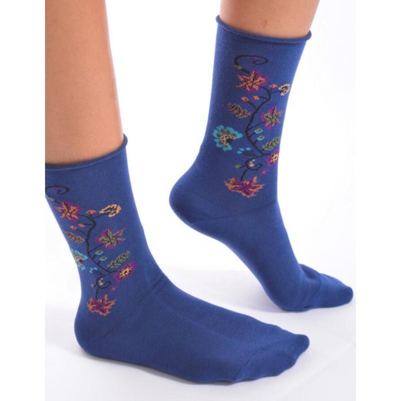 Chaussettes Cronert noires à  fleurs bord roulé
