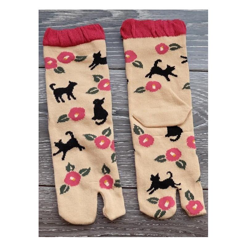 Chaussettes japonaises coton chat fleuri