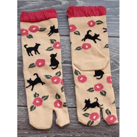 Chaussettes japonaises coton chat fleuri