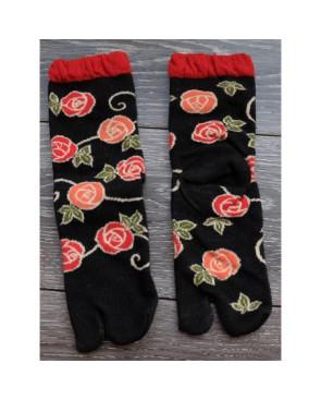 Chaussettes Japonaises noires coton fleuris à laçage