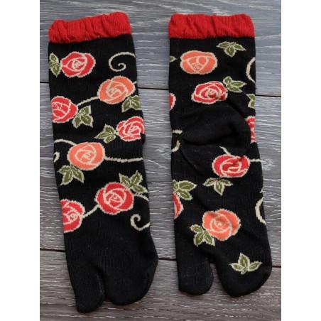 Chaussettes Japonaises noires coton fleuris à laçage