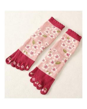 Chaussettes 5 Doigts coton roses Fleurs blanches