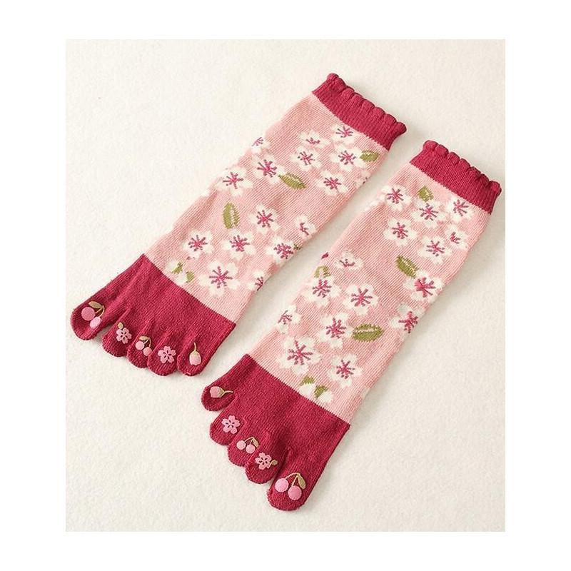 Chaussettes 5 Doigts coton roses Fleurs blanches