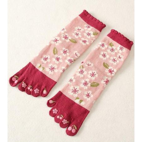 Chaussettes 5 Doigts coton roses Fleurs blanches