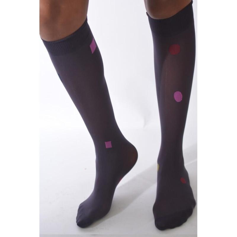 Mi bas asymétrique Pois et Cubes Prune lycra