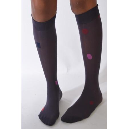 Mi bas asymétrique Pois et Cubes Prune lycra