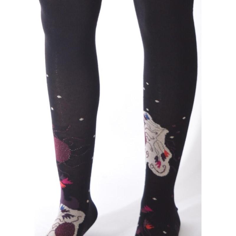 Collant Chaud Noir Bouquet Fleuri Berthe