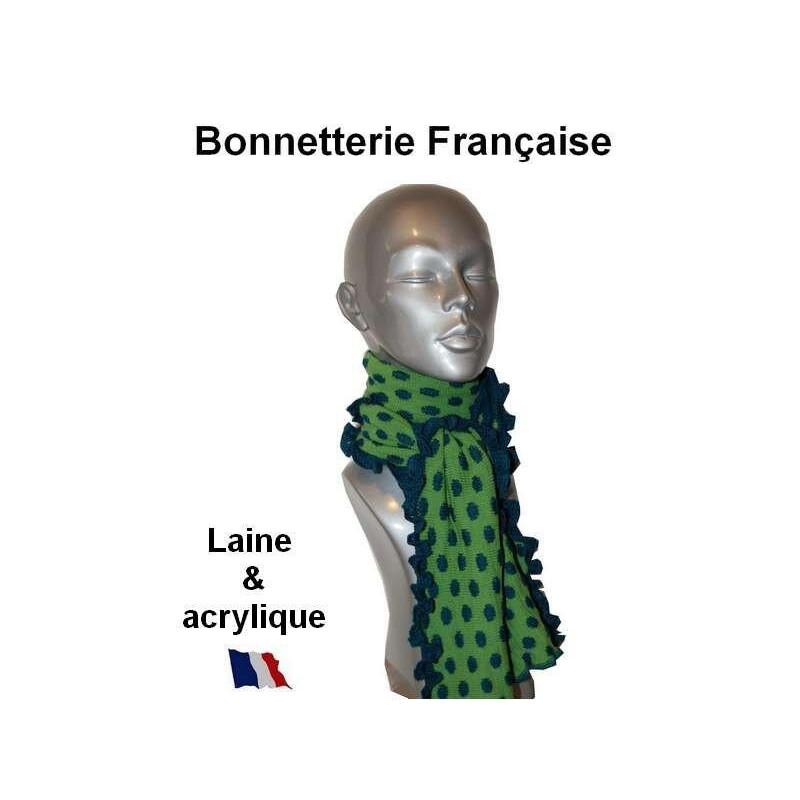 Echarpe laine verte pois bleus