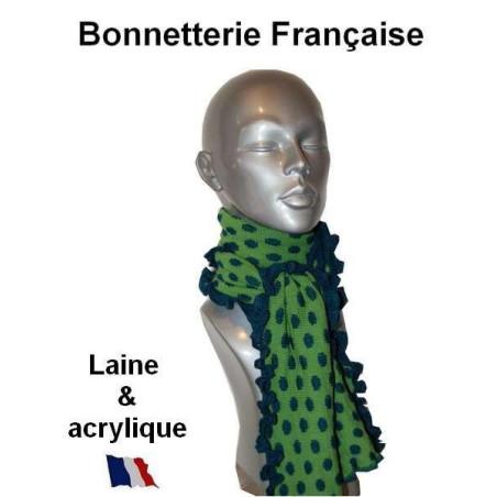 Echarpe laine verte pois bleus