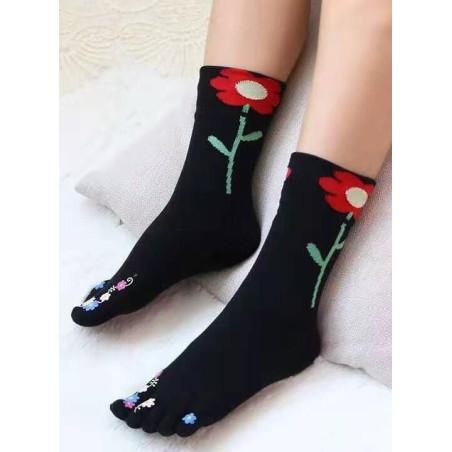 chaussettes noires 5 doigts fleurs exotiques