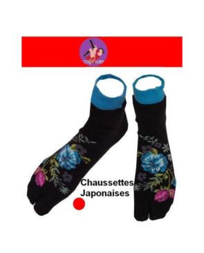 Chaussettes japonaise noire petites fleurs bleues