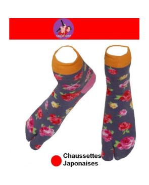 Chaussettes japonaises Coton grises à fleurs