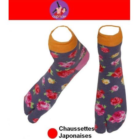 Chaussettes japonaises Coton grises à fleurs