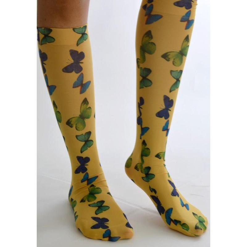 Mi bas jaune Imprimé Papillons Verts bleus
