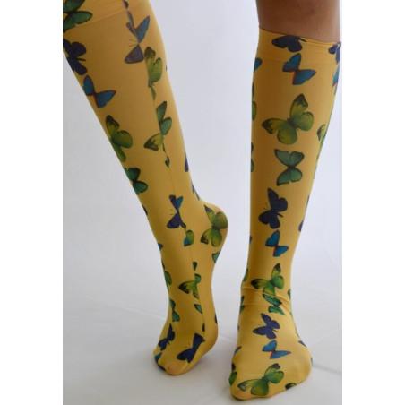 Mi bas jaune Imprimé Papillons Verts bleus
