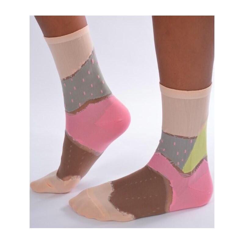 Chaussettes patchwork pois transparent rose