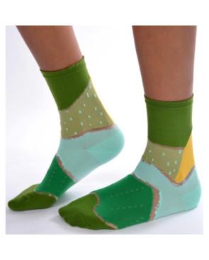 Chaussettes patchwork vert à pois transparents